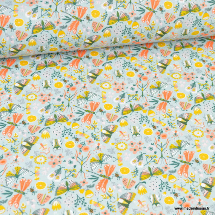 Tissu coton Neverland motifs fleurs et animaux fond céladon - Oeko tex