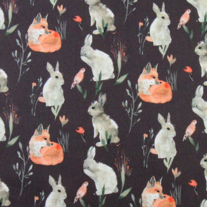 Tissu coton Lapereaux motifs lapins et renards fond ombre - Oeko tex