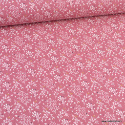 Tissu Raggy en coton Bio motifs fleurs et feuilles fond framboise -  oeko tex