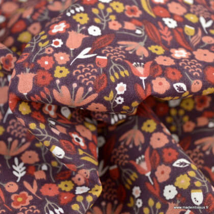 Tissu Axea en coton Bio motifs fleurs fond prune -  oeko tex