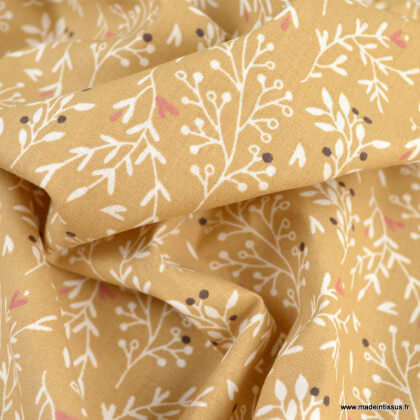 Tissu Raggy en coton Bio motifs fleurs chili fond noisette -  oeko tex
