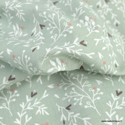 Tissu Raggy en coton Bio motifs fleurs fond vert de gris -  oeko tex