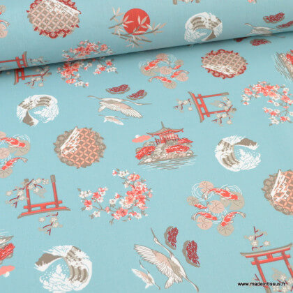Tissu cretonne coton Gekko motifs japonais fond bleu