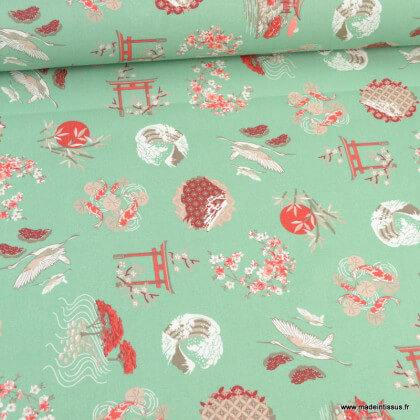 Tissu cretonne coton Gekko motifs japonais fond vert