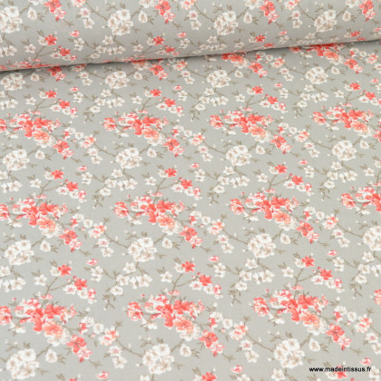 Tissu enduit coton Mume motifs fleurs japonaises Sakura fond gris
