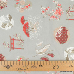 Tissu enduit coton Gekko motifs japonais fond gris