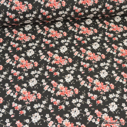 Tissu enduit coton Mume motifs fleurs japonaises Sakura fond Noir