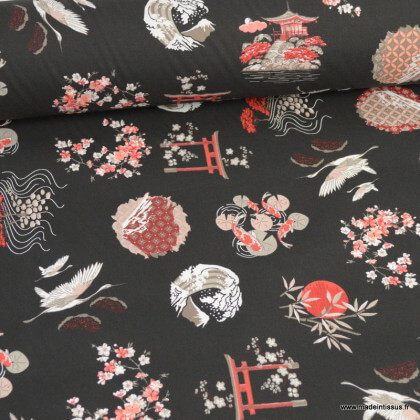 Tissu enduit coton Gekko motifs japonais fond noir