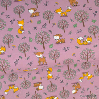Tissu jersey motifs renards et arbres fond rose - oeko tex