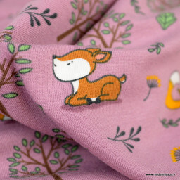 Tissu jersey motifs renards et arbres fond rose - oeko tex