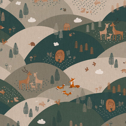 Tissu toile aspect lin motifs montagne et animaux - Oeko tex