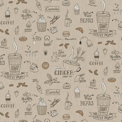 Tissu toile aspect lin motifs cupcake, café, cuisine - Oeko tex