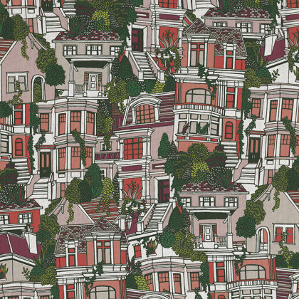 Tissu toile aspect lin motifs maisons de ville - Oeko tex