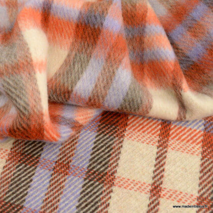 Tissu Lainage drap de laine à carreaux orange et parme