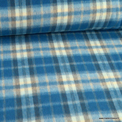 Tissu Lainage drap de laine à carreaux bleu et écru