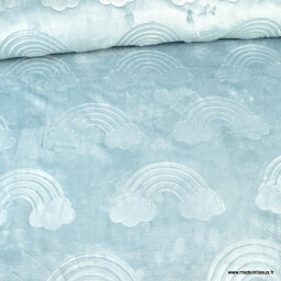 Tissu minky motifs nuages et arc en ciel ultra doux bleu - oeko tex