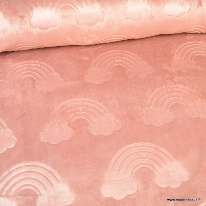 Tissu minky motifs nuages et arc en ciel ultra doux rose - oeko tex