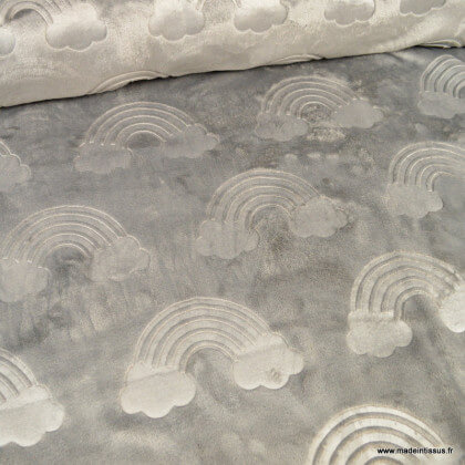 Tissu minky motifs nuages et arc en ciel ultra doux gris - oeko tex