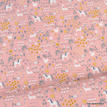 Tissu jersey Bio motifs fleurs et animaux fond rose - Oeko tex