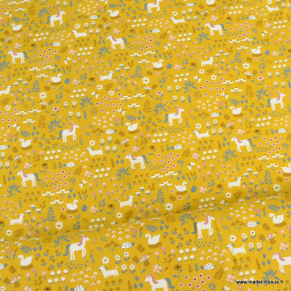Tissu jersey Bio motifs fleurs et animaux fond ocre - Oeko tex