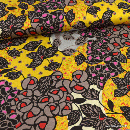 Tissu Jersey lourd motifs fleurs jaunes et rose