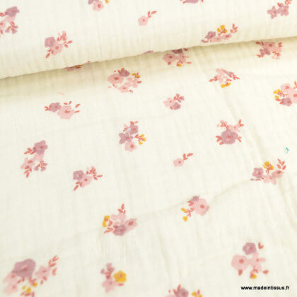 Tissu Double gaze Hope coton motif fleurs roses fond écru - oeko tex