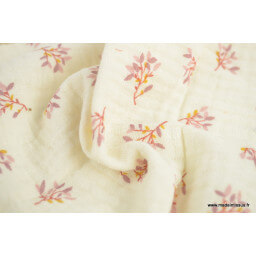 Tissu Double gaze Judy coton motif fleurs roses fond écru - oeko tex