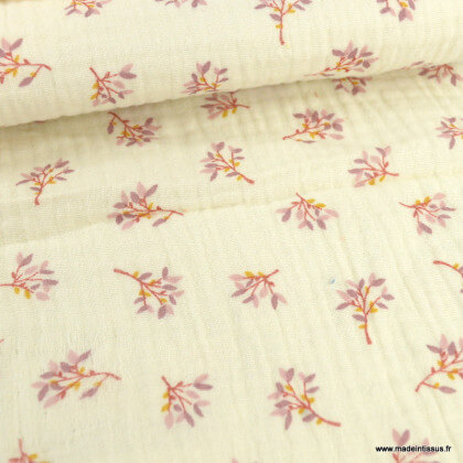 Tissu Double gaze Judy coton motif fleurs roses fond écru - oeko tex