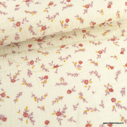Tissu Double gaze Janet coton motif fleurs roses fond écru - oeko tex