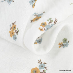 Tissu Double gaze Hope coton motif fleurs bleues fond blanc - oeko tex