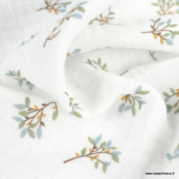 Tissu Double gaze Judy coton motif fleurs bleues fond blanc - oeko tex