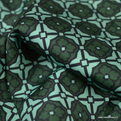 Tissu Satin microfibre motifs rosaces vert et menthe
