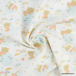 Tissu coton Amiki motif animaux fond blanc  - Oeko tex