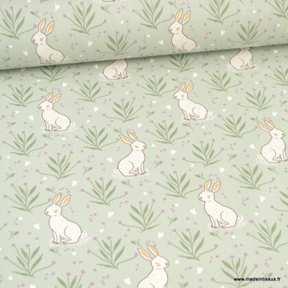 Tissu coton Raziel motif lapins et fleurs fond tilleul - Oeko tex