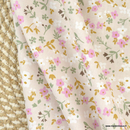 Tissu coton Zalia motif fleurs fond naturel - Oeko tex