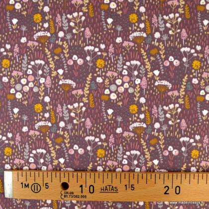 Tissu coton Liabey motif fleurs fond mauve foncé - Oeko tex