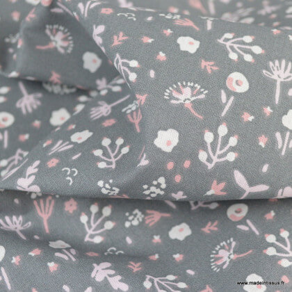 Tissu coton April motif fleurs fond gris - Oeko tex