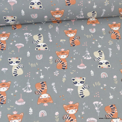 Tissu coton Eyota motifs panda roux et ratons laveurs fond gris - Oeko tex