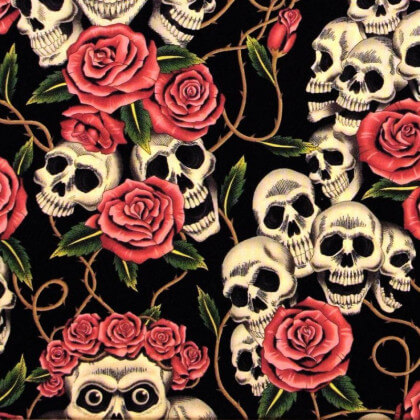 Tissu Popeline coton imprimé têtes de morts "The rose Tatoo" Alexander Henry