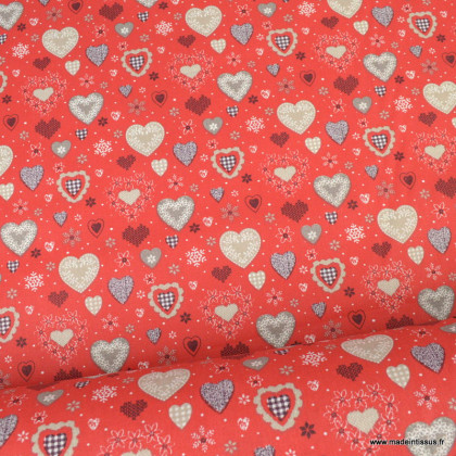Tissu coton Enduit Jolicoeur motifs coeurs fond rouge - Oeko tex