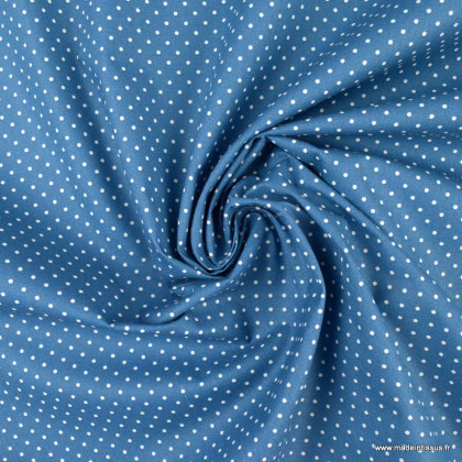 Tissu coton Enduit motifs Pois blancs fond bleu denim -  Oeko tex