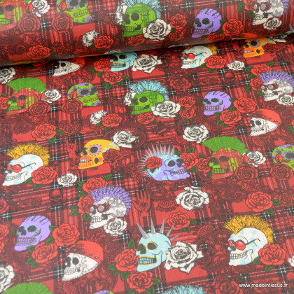 Tissu coton Enduit motifs Punk et têtes de mort fond rouge - Oeko tex