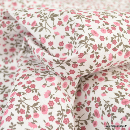 Tissu Elenie coton imprimé fleurs et fleurettes vieux rose