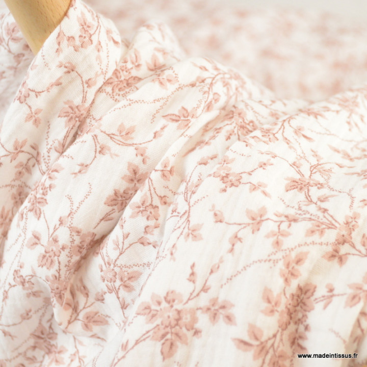 Double gaze de coton Bio & oeko tex Jeannine motifs fleurs roses fond Blanc
