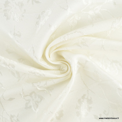 Tissu Jacquard dessin lierre de fleurs ivoire