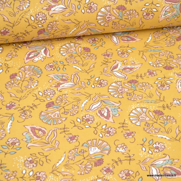 Tissu Semara coton imprimé fleurs indiennes Camel et rose - Oeko tex