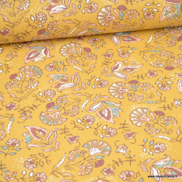 Tissu Semara coton imprimé fleurs indiennes Camel et rose - Oeko tex