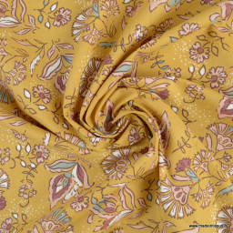 Tissu Semara coton imprimé fleurs Camel et rose - Oeko tex