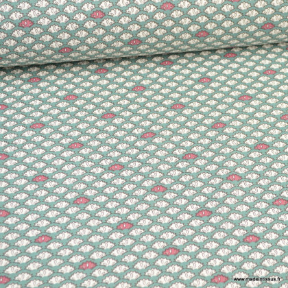 Tissu Karma coton imprimé fleurs vert sarcelles et bordeaux - Oeko tex