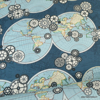 Toile demi natté motifs map monde bleu